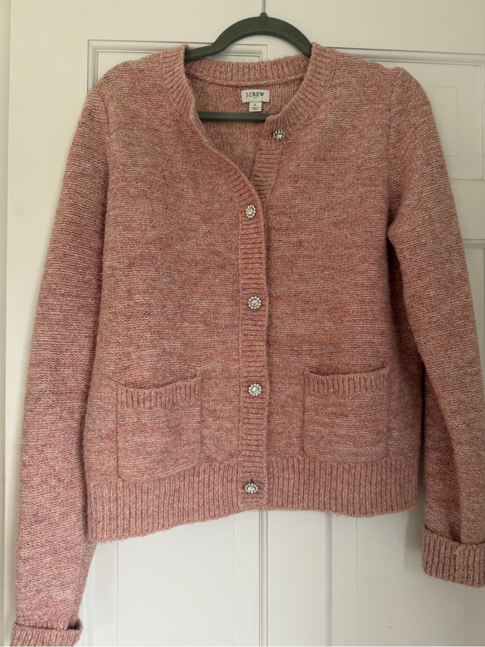 J. Crew Rose Pink Knit Cardigan with Crystal Buttons